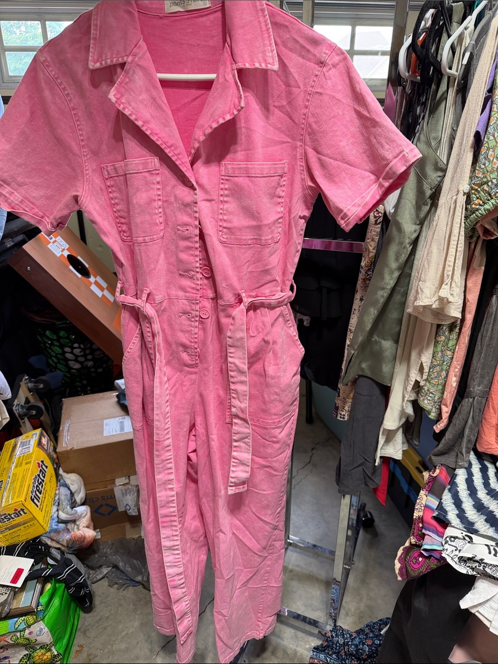 Pink Short-Sleeve Cotton Utility Jumpsuit with Self-Tie Waist